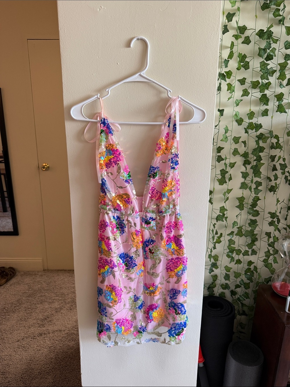Pink Sequin Floral One-Piece Dress